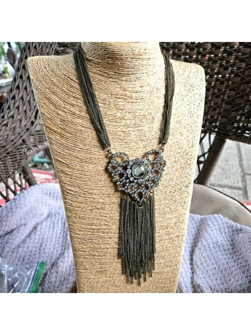 Vintage Cutout Rhinestone Heart With Chain Fringe Necklace